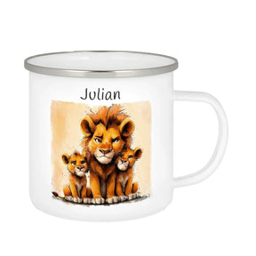 Personalisierte Kindertasse aus Emaille | Löwenfamilie | personalisierte Kindertassen | Einschulung Geschenk  Geschenkidee Weihnachten