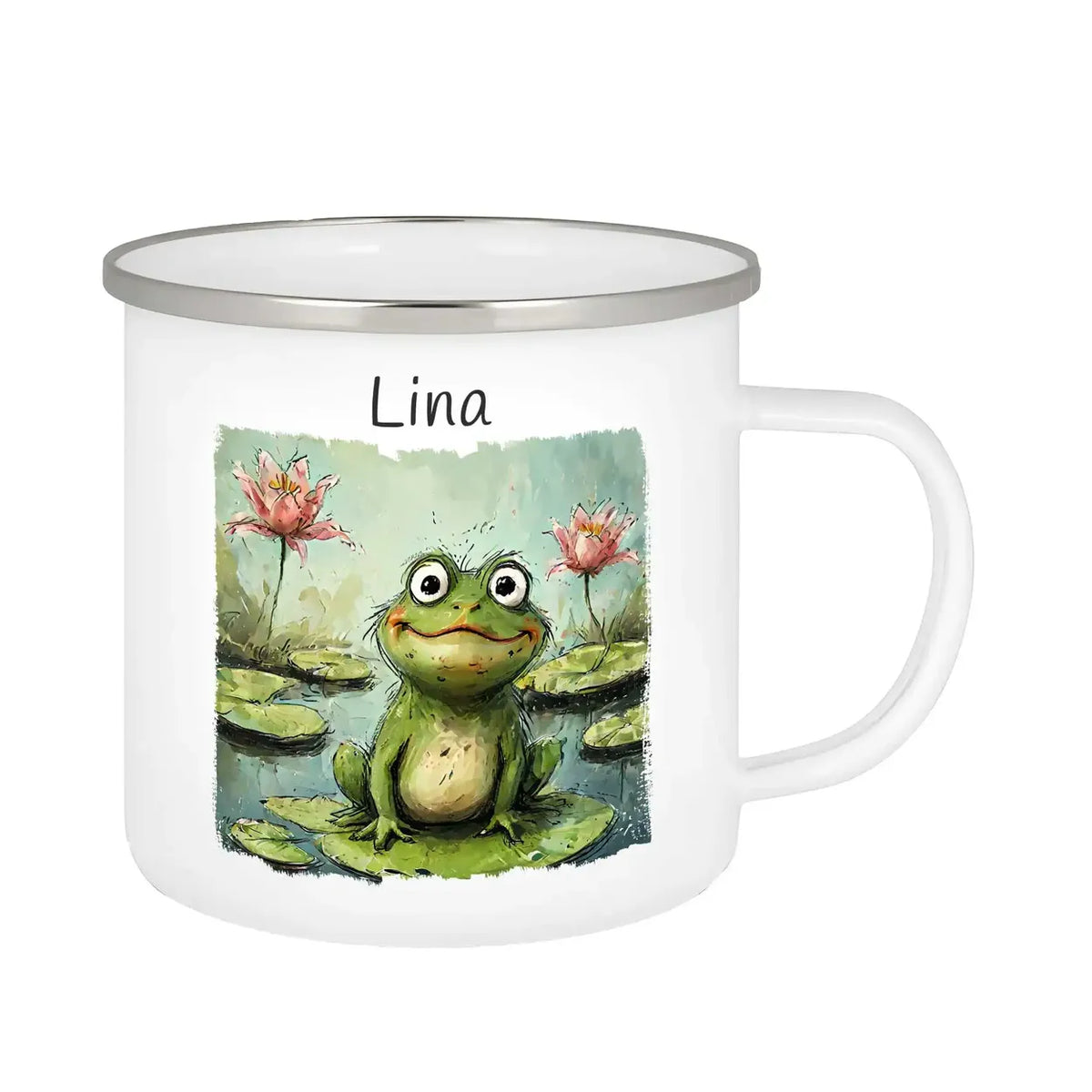 Emaille Tasse personalisiert mit Namen | Frosch-Abenteuer | Tasse personalisieren | Geschenke zur Taufe Emailletasse Druckerino   