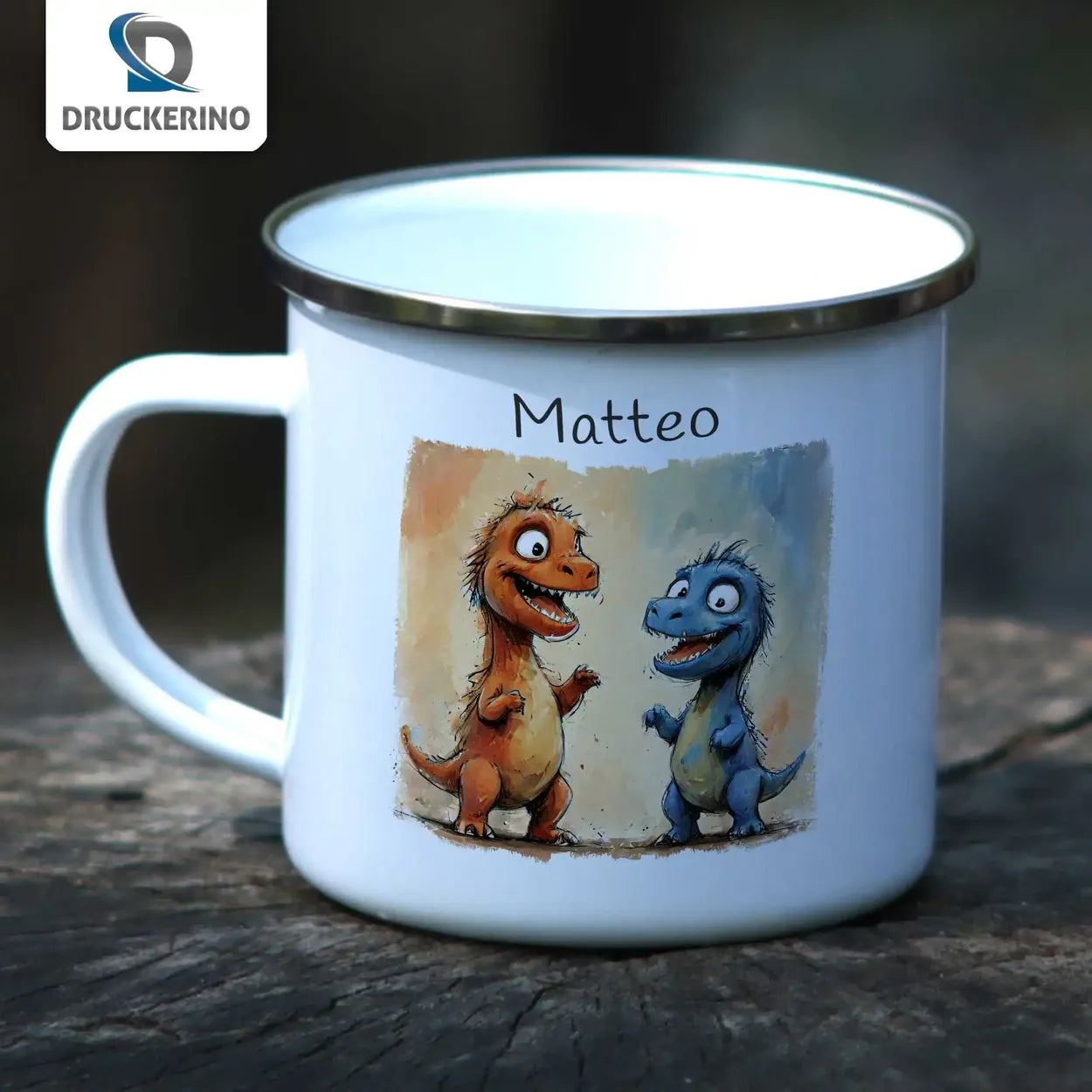 Emaille Tasse mit Namen | Dino-Freundschaft | Emaille Tasse | personalisierbare Kindergeschenke Geschenke