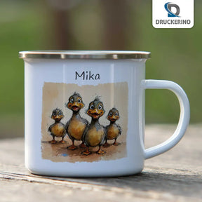 Personalisierte Kindertasse aus Emaille | Entenfamilie | Emaille Tasse | Tierbilder  Geschenkidee Weihnachten