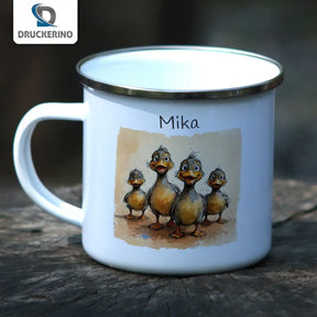 Personalisierte Kindertasse aus Emaille | Entenfamilie | Emaille Tasse | Tierbilder  Geschenkidee Weihnachten