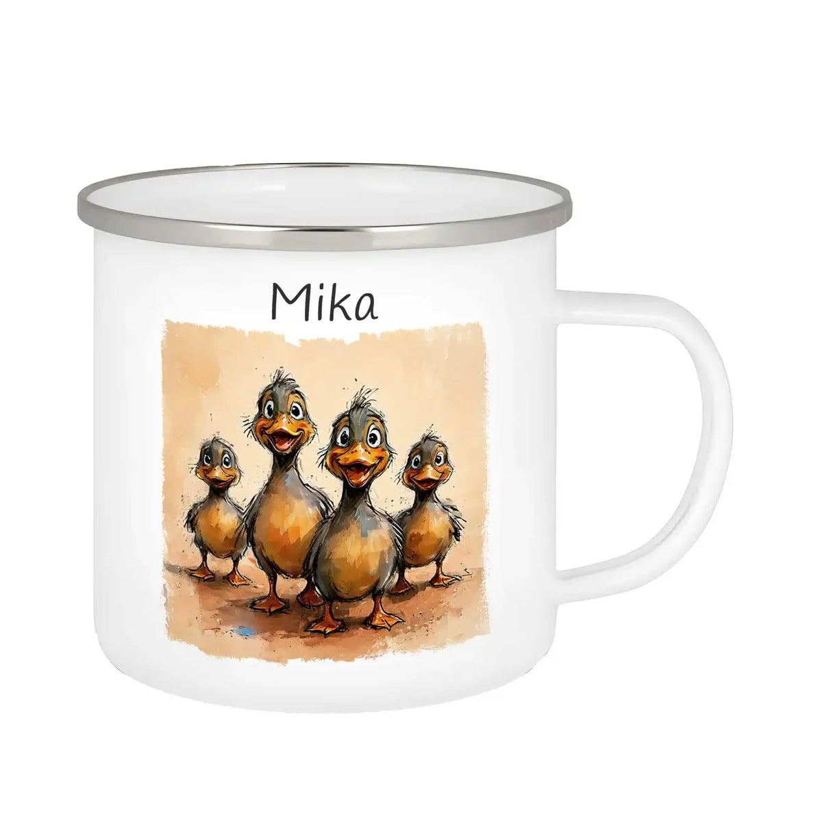 Personalisierte Kindertasse aus Emaille | Entenfamilie | Emaille Tasse | Tierbilder Emailletasse Druckerino   