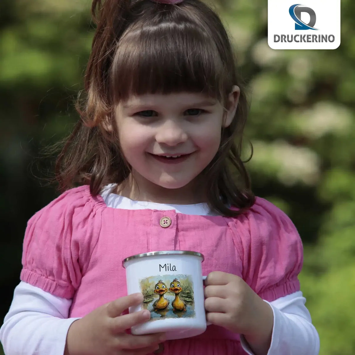 Quitschvergnügte Entenfreunde Emaille Tasse für Kinder personalisiert Emailletasse Druckerino   