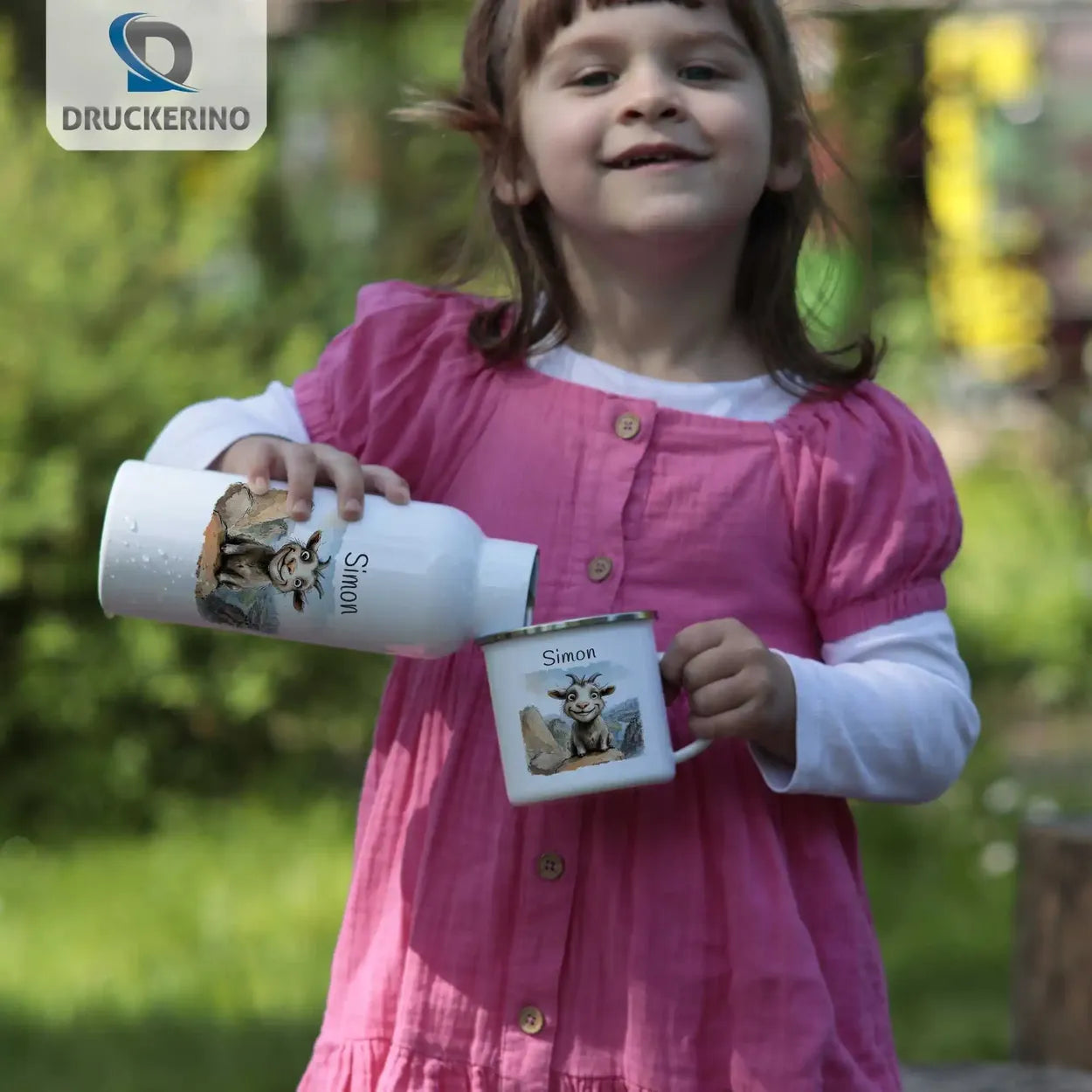 Abenteuer-Bergziege Emaille Tasse für Kinder personalisiert Emailletasse Druckerino   