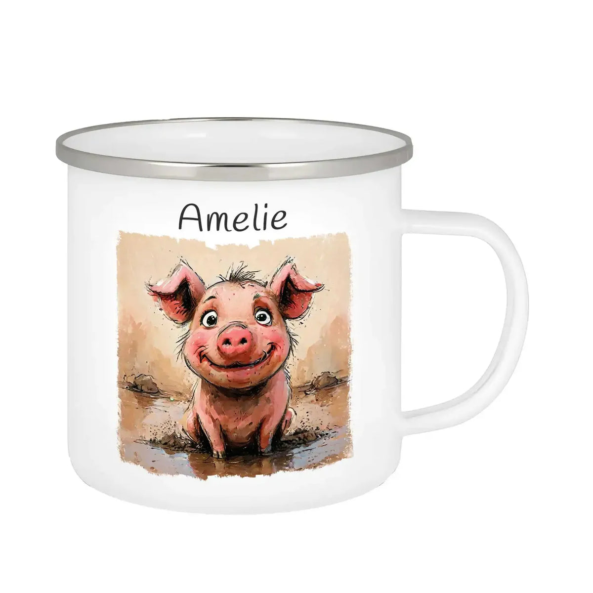 Matschglück Schweinchen Emaille Tasse für Kinder personalisiert Emailletasse Druckerino   