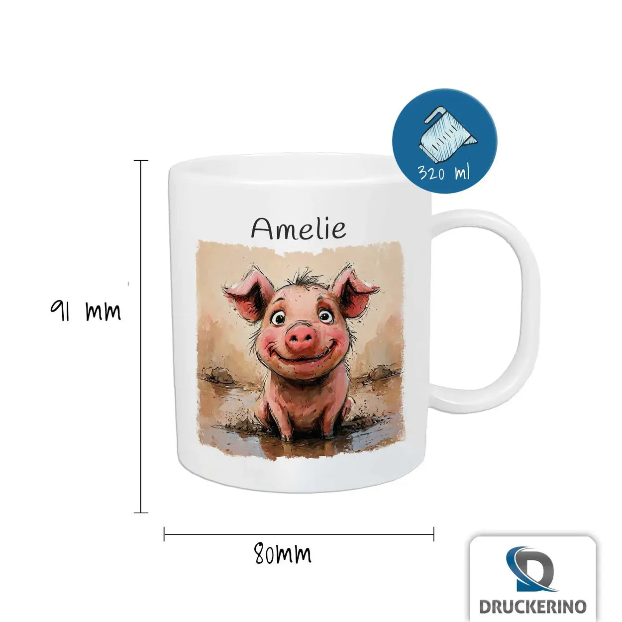 Tasse für Kinder personalisiert | Fröhliches Ferkelchen | Tassen mit Namen | Abschiedsgeschenk Kita | 320ml Kunststofftassen Druckerino   