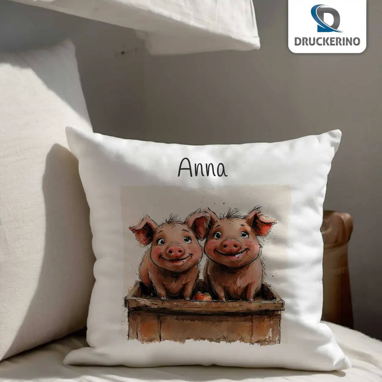 Kissen personalisiert mit Name | Schweinchenfreunde Kuscheltraum | Abschiedsgeschenke im Kindergarten | Kuschelkissen Tiere | 40x40 cm Kissen Druckerino   