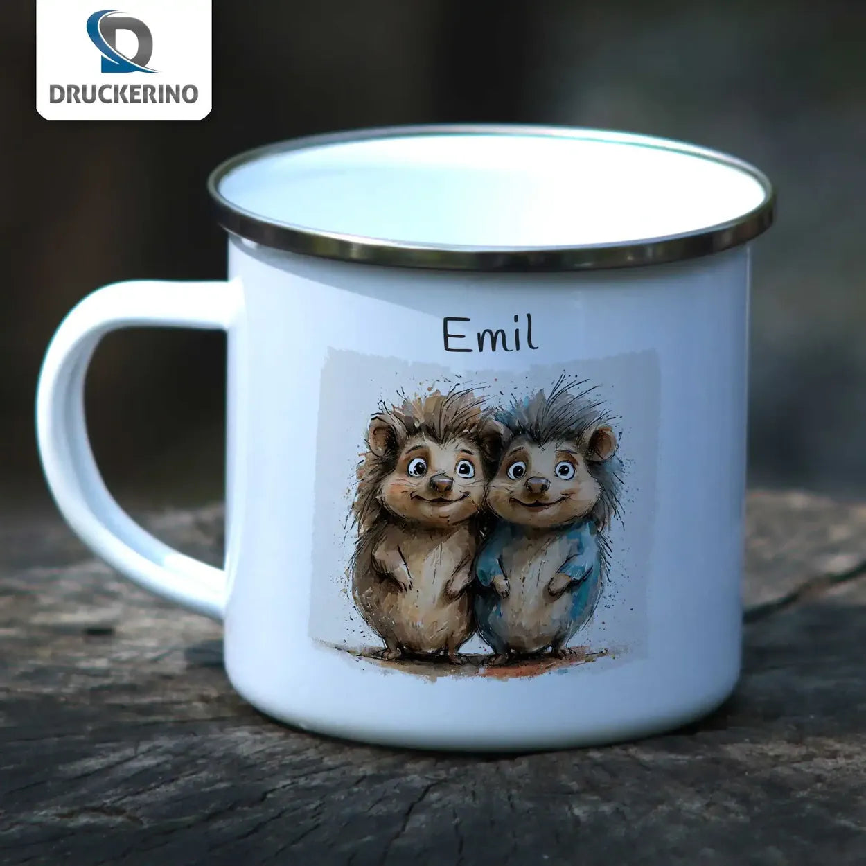 Kuschel-Igel Emaille Tasse für Kinder personalisiert Emailletasse Druckerino   