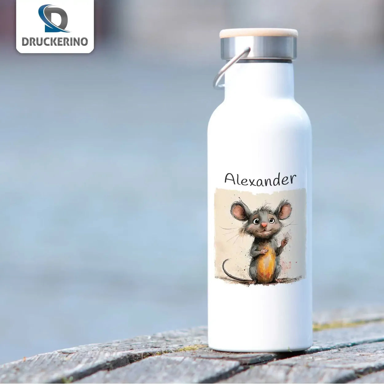 Abenteuermaus Thermo Trinkflasche für Kinder personalisiert Thermoflasche Druckerino   