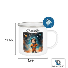 Weltraumabenteuer Emaille Tasse für Kinder personalisiert Emailletasse Druckerino   