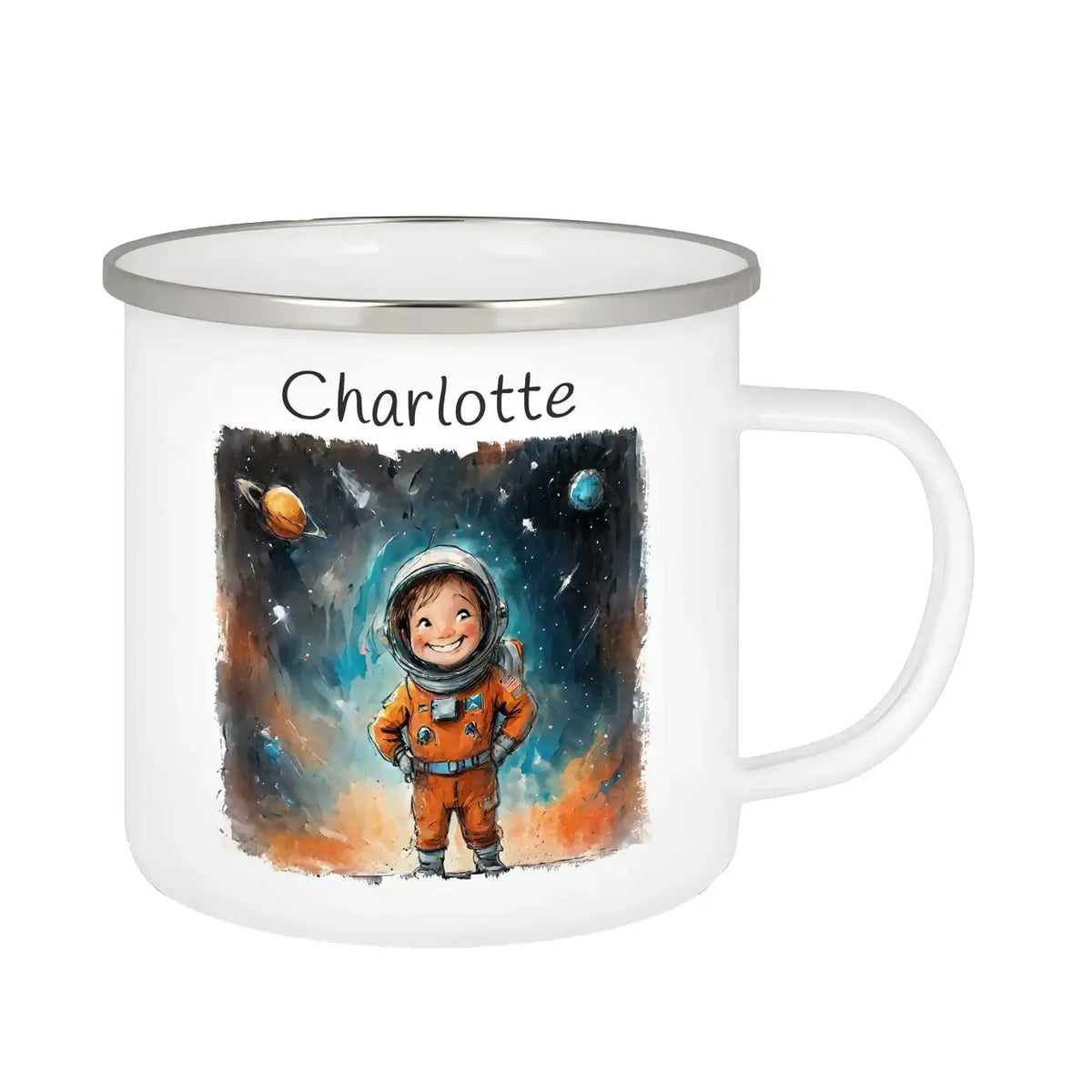 Personalisierte Tasse | Weltraumabenteuer | Kindergeburtstag kleine Geschenke | Personalisierte Geschenke Emailletasse Druckerino   