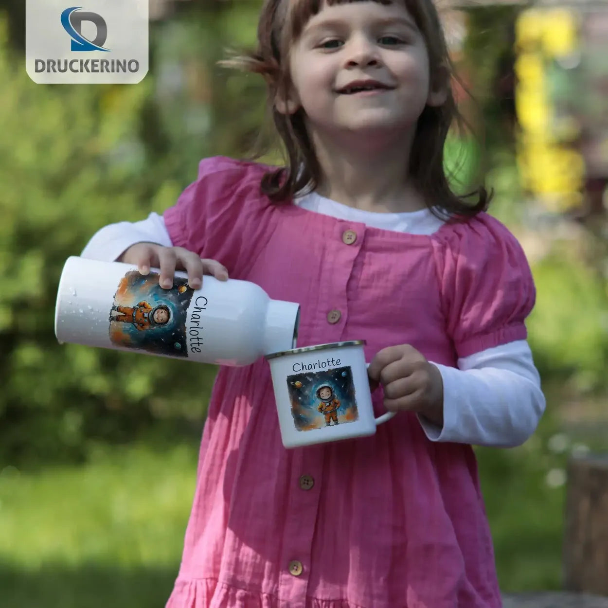 Weltraumabenteuer Emaille Tasse für Kinder personalisiert Emailletasse Druckerino   