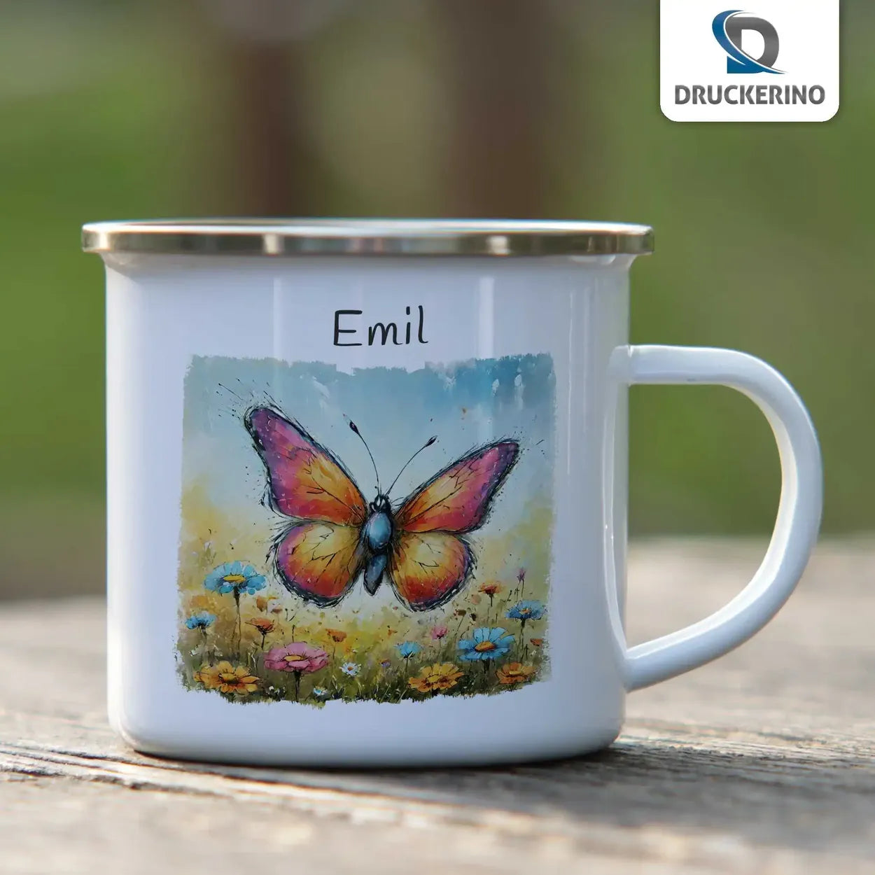 Schmetterlingstraum Emaille Tasse für Kinder personalisiert Emailletasse Druckerino   