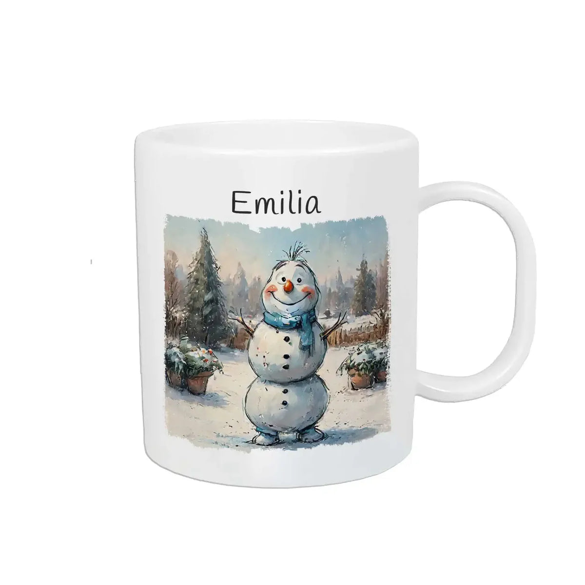 Winterzauber Schneemann - Kindertasse mit Namen - Tasse personalisiert Kunststofftassen Druckerino   