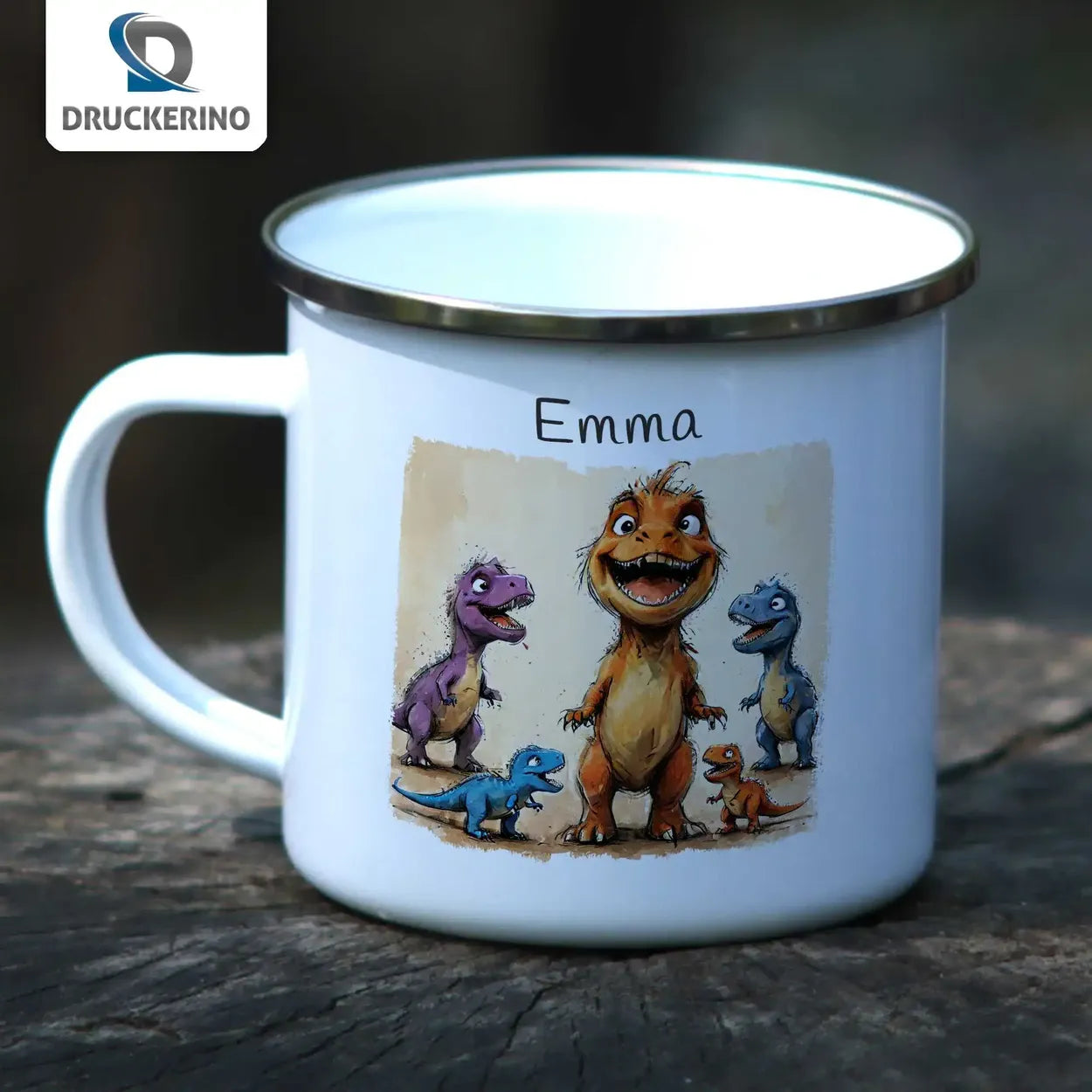 Dino-Zauber Emaille Tasse für Kinder personalisiert Emailletasse Druckerino   