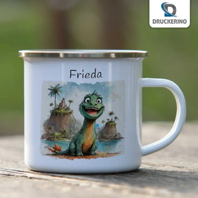 Personalisierte Kindertasse aus Emaille | Dino-Abenteuer | Emaille Tasse | Tierbilder  Geschenkidee Weihnachten