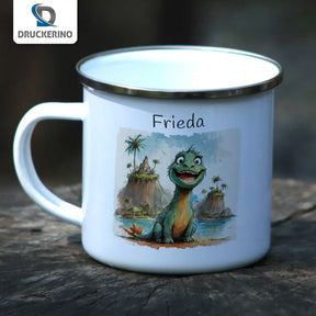 Personalisierte Kindertasse aus Emaille | Dino-Abenteuer | Emaille Tasse | Tierbilder  Geschenkidee Weihnachten