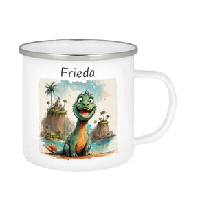 Personalisierte Kindertasse aus Emaille | Dino-Abenteuer | Emaille Tasse | Tierbilder  Geschenkidee Weihnachten