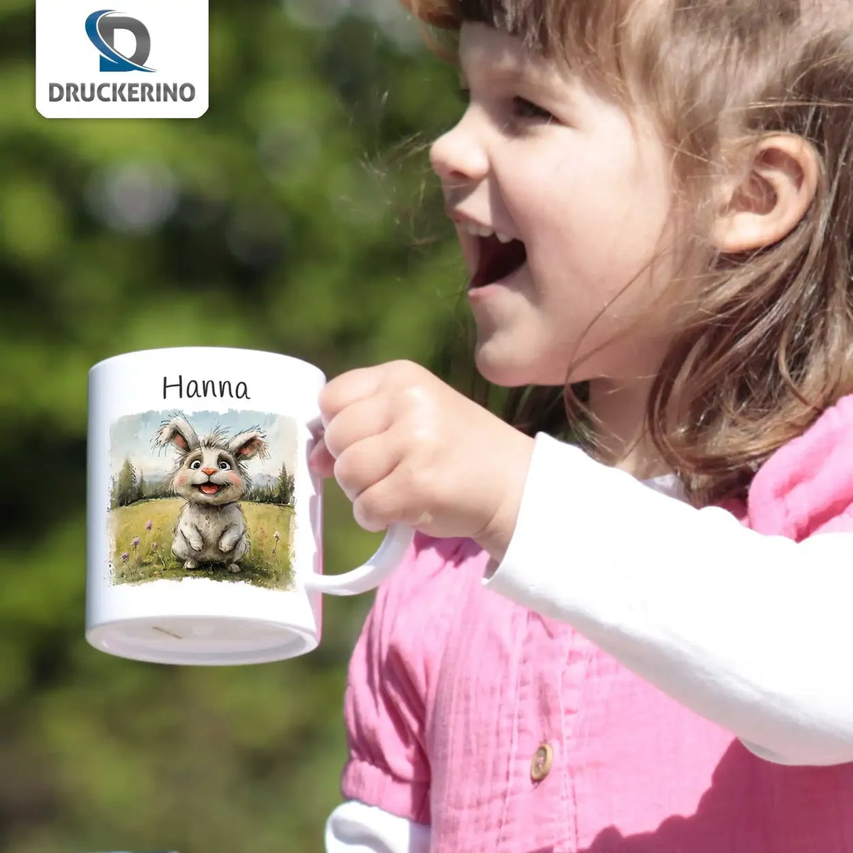 Hoppelnder Glücksbringer - Kindertasse mit Namen - Tasse personalisiert Kunststofftassen Druckerino   