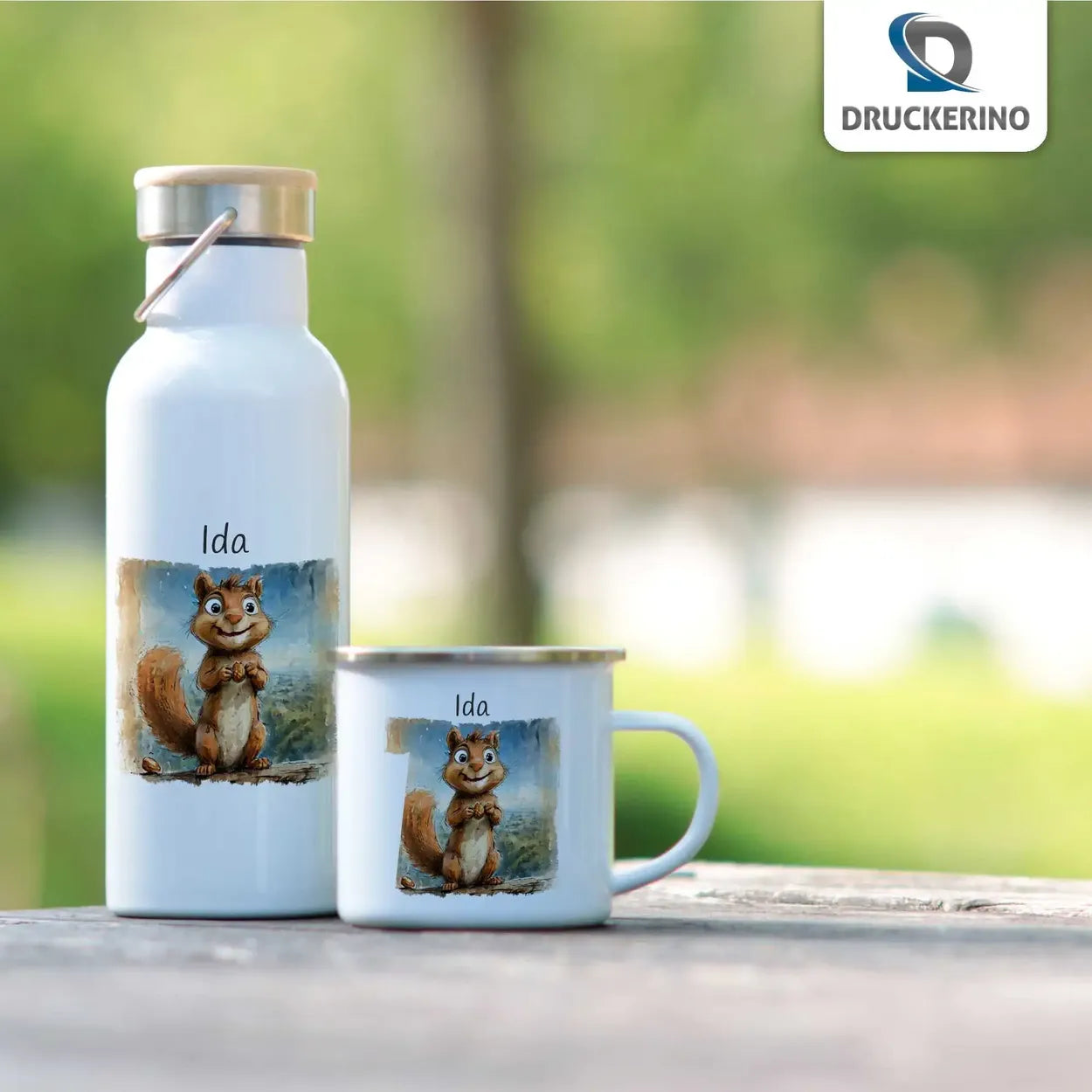 Abenteuer Eichhörnchen Thermo Trinkflasche für Kinder personalisiert Thermoflasche Druckerino   