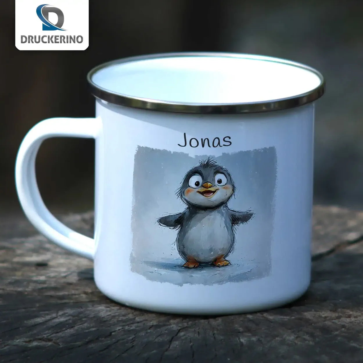 Pinguin-Zauber Emaille Tasse für Kinder personalisiert Emailletasse Druckerino   