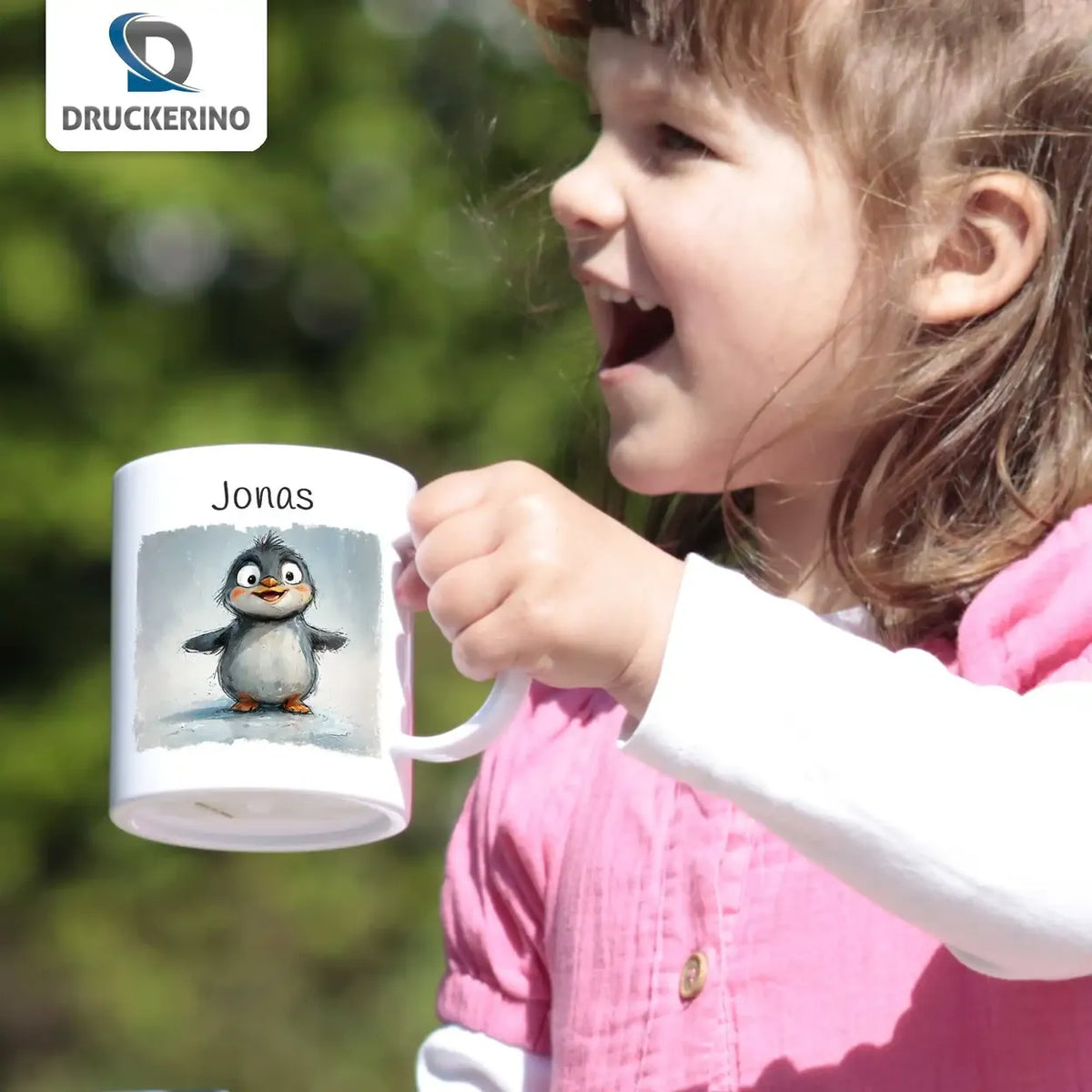 Pinguin-Abenteuer Kindertasse mit Namen - Tasse personalisiert Kunststofftassen Druckerino   