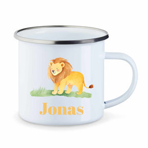 Emaille Tasse mit Namen und Tier  Druckerino Löwe  