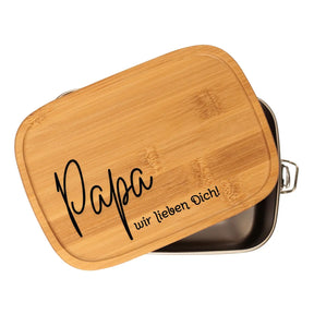 Brotdose aus Edelstahl und Bambus mit Gravur Papa wir lieben Dich, 1 Liter