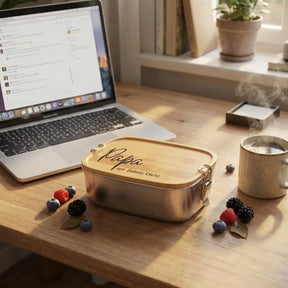 Brotdose aus Edelstahl und Bambus mit Gravur Papa wir lieben Dich, 1 Liter