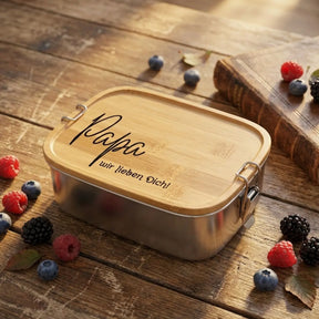 Brotdose aus Edelstahl und Bambus mit Gravur Papa wir lieben Dich, 1 Liter