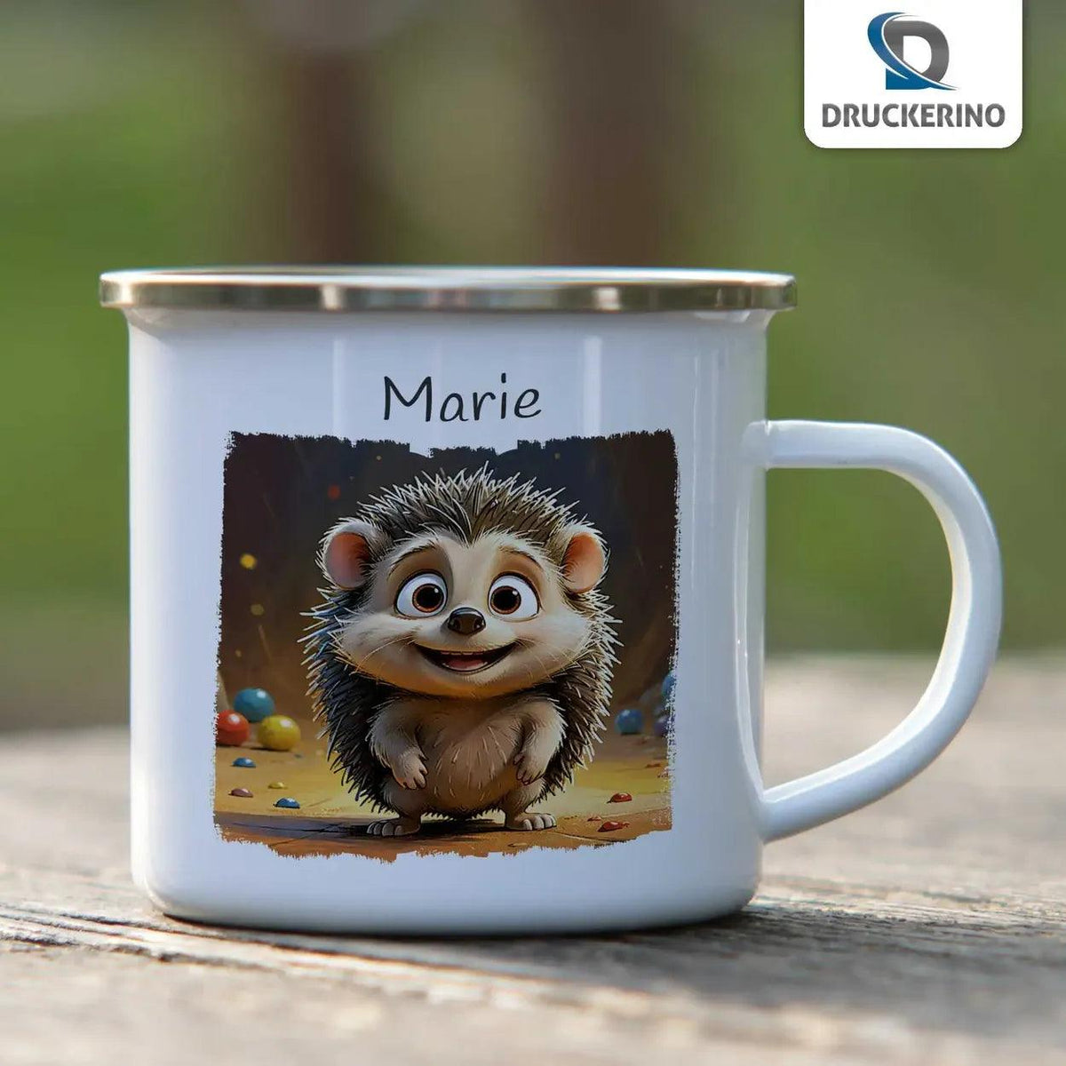 Emaille Tasse Abenteuerlicher Igel - Druckerino