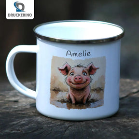 Emaille Tasse Matschglück Schweinchen - Druckerino