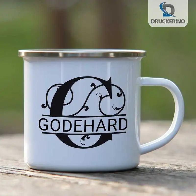 Emaille Tasse mit Namen | Motiv 1 | Godehard - Druckerino