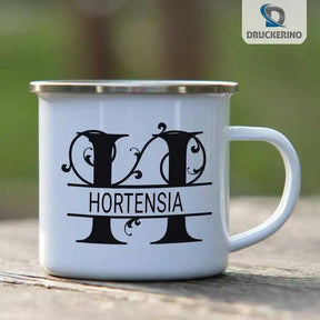 Emaille Tasse mit Namen | Motiv 1 | Hortensia - Druckerino
