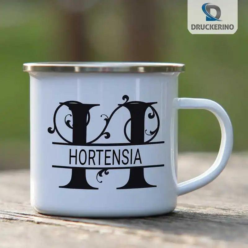 Emaille Tasse mit Namen | Motiv 1 | Hortensia - Druckerino