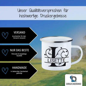 Emaille Tasse mit Namen | Motiv 1 | Lisette - Druckerino