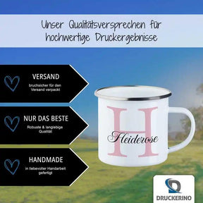 Emaille Tasse mit Namen | Motiv 3 | Heiderose - Druckerino