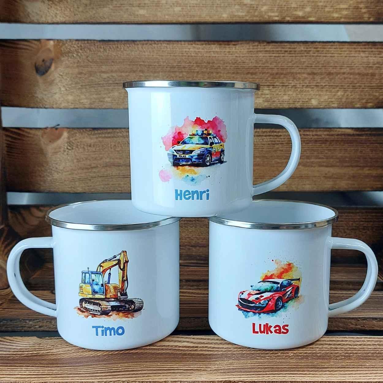 Emaille Tasse mit Namen und Fahrzeugen - Druckerino