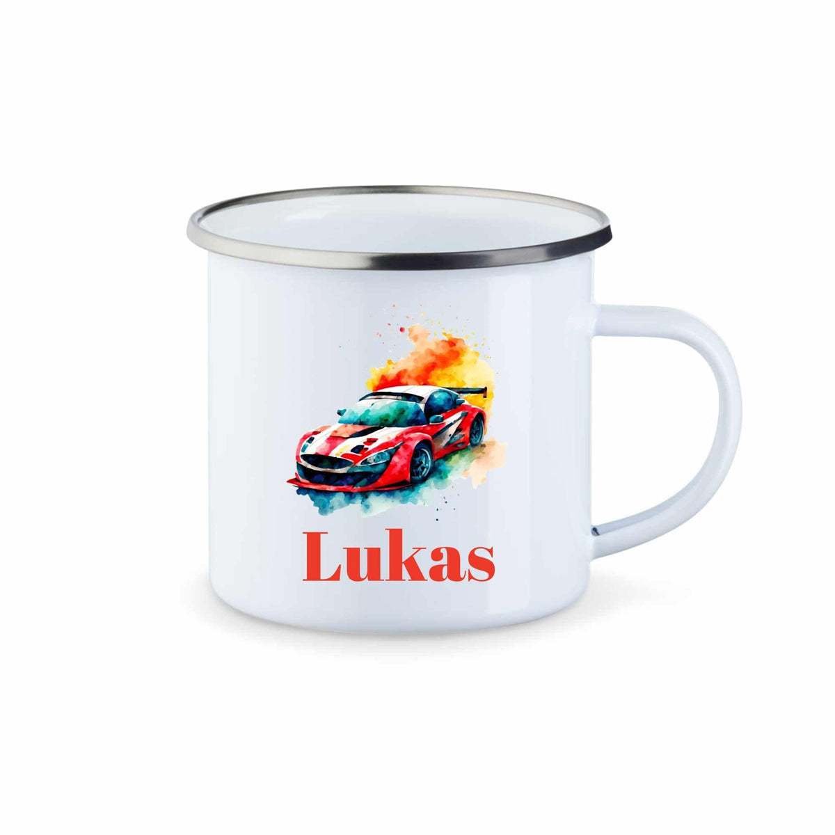 Emaille Tasse mit Namen und Fahrzeugen - Druckerino