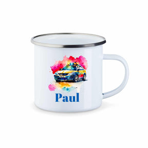 Emaille Tasse mit Namen und Fahrzeugen - Druckerino