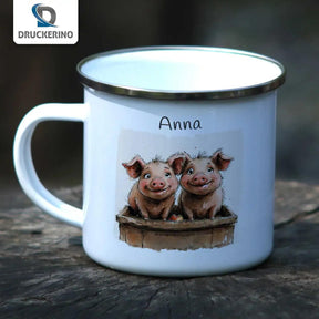 Emaille Tasse Muntere Ferkelfreunde - Druckerino