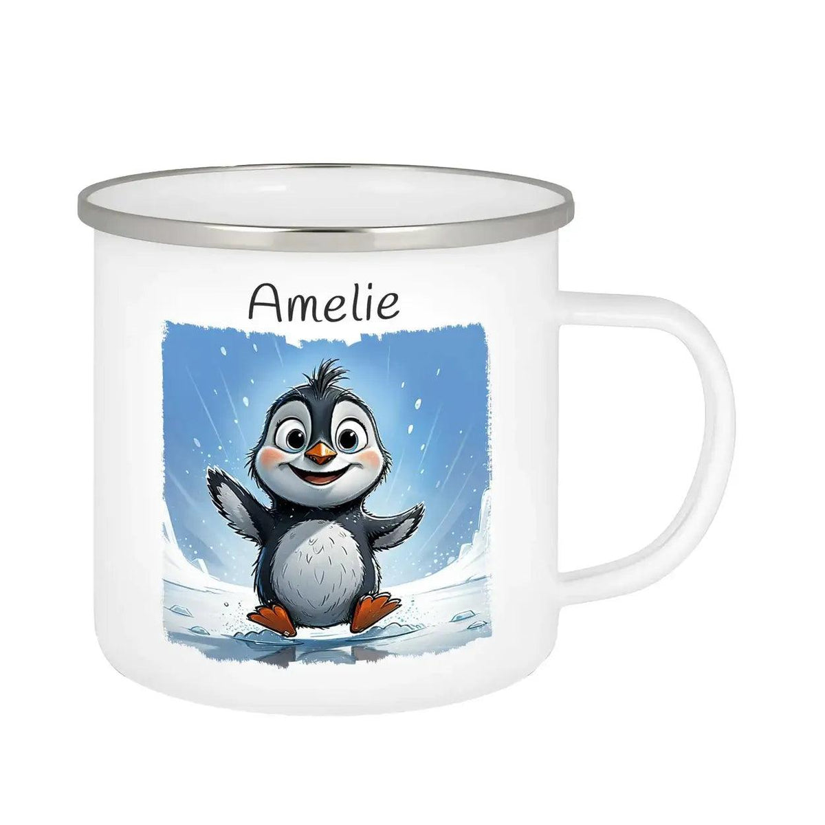 Emaille Tasse Pinguin-Abenteuer - Druckerino