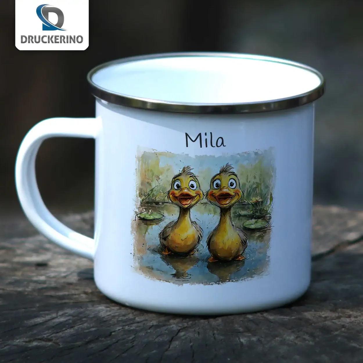 Emaille Tasse Quitschvergnügte Entenfreunde - Druckerino