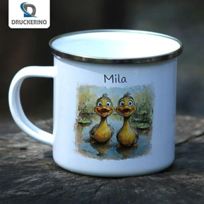 Emaille Tasse Quitschvergnügte Entenfreunde - Druckerino