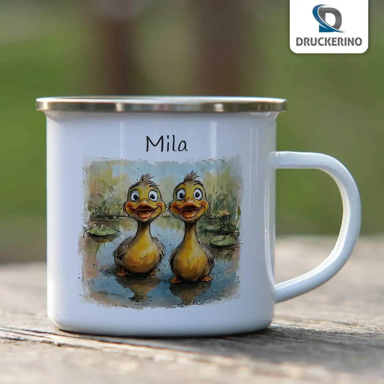 Emaille Tasse Quitschvergnügte Entenfreunde - Druckerino