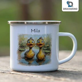 Emaille Tasse Quitschvergnügte Entenfreunde - Druckerino