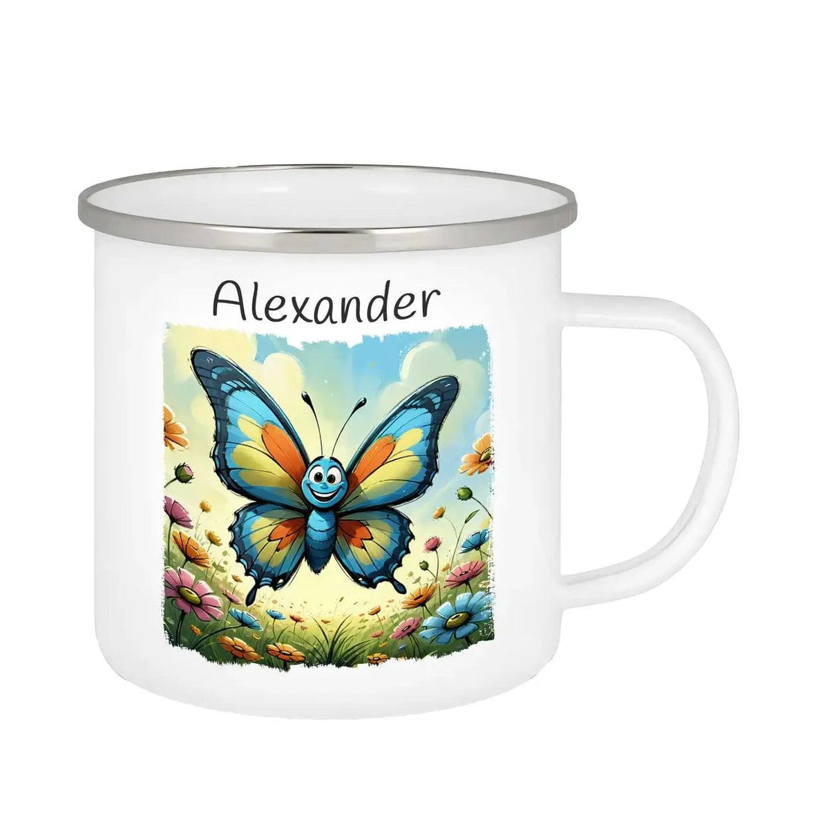 Emaille Tasse Sonnen-Schmetterling - Druckerino