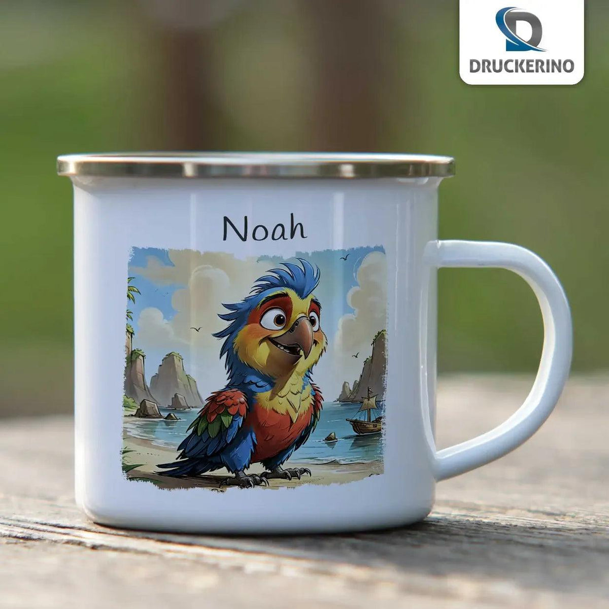 Emaille Tasse Stürmischer Seeräuber-Papagei - Druckerino