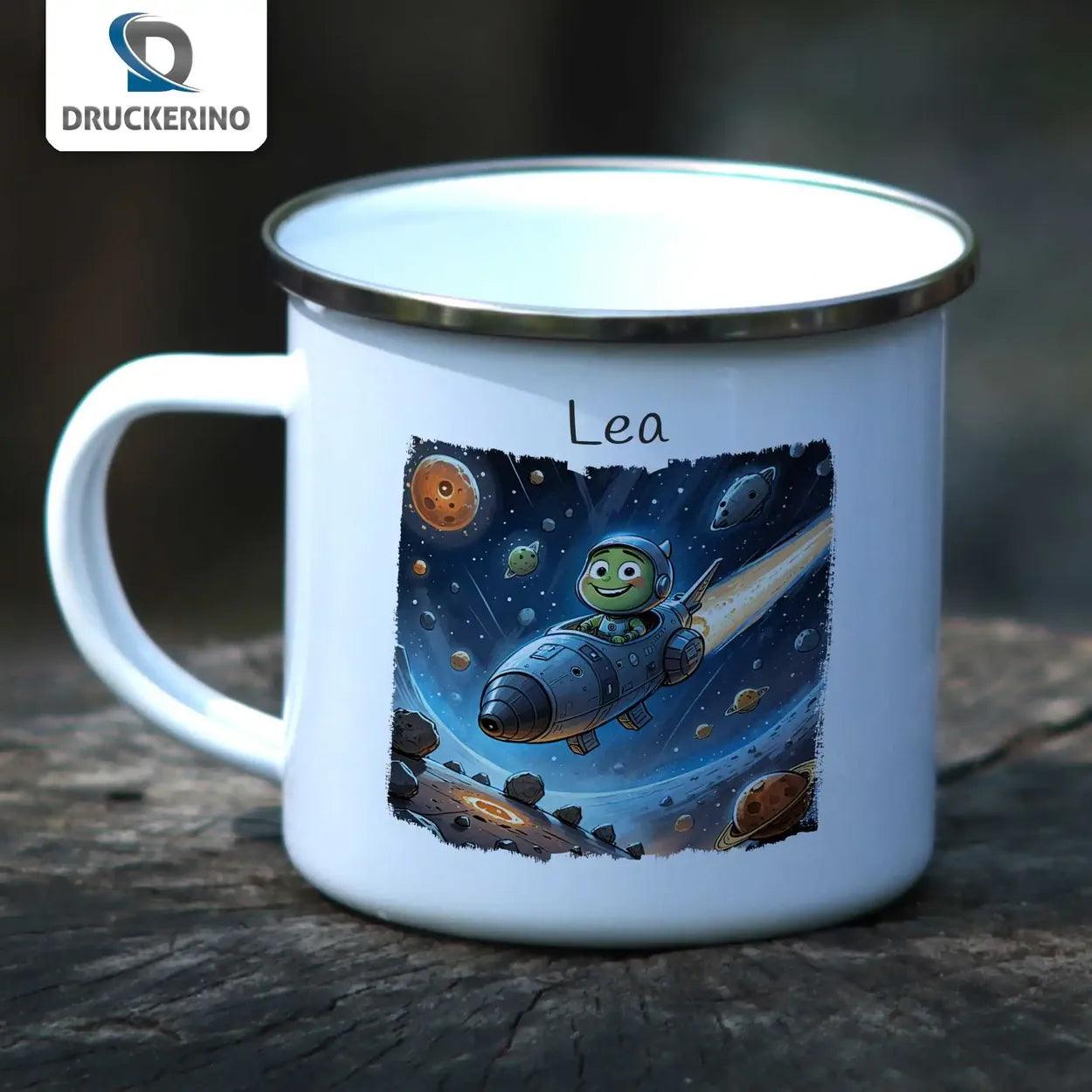 Emaille Tasse Weltraumabenteuer - Druckerino
