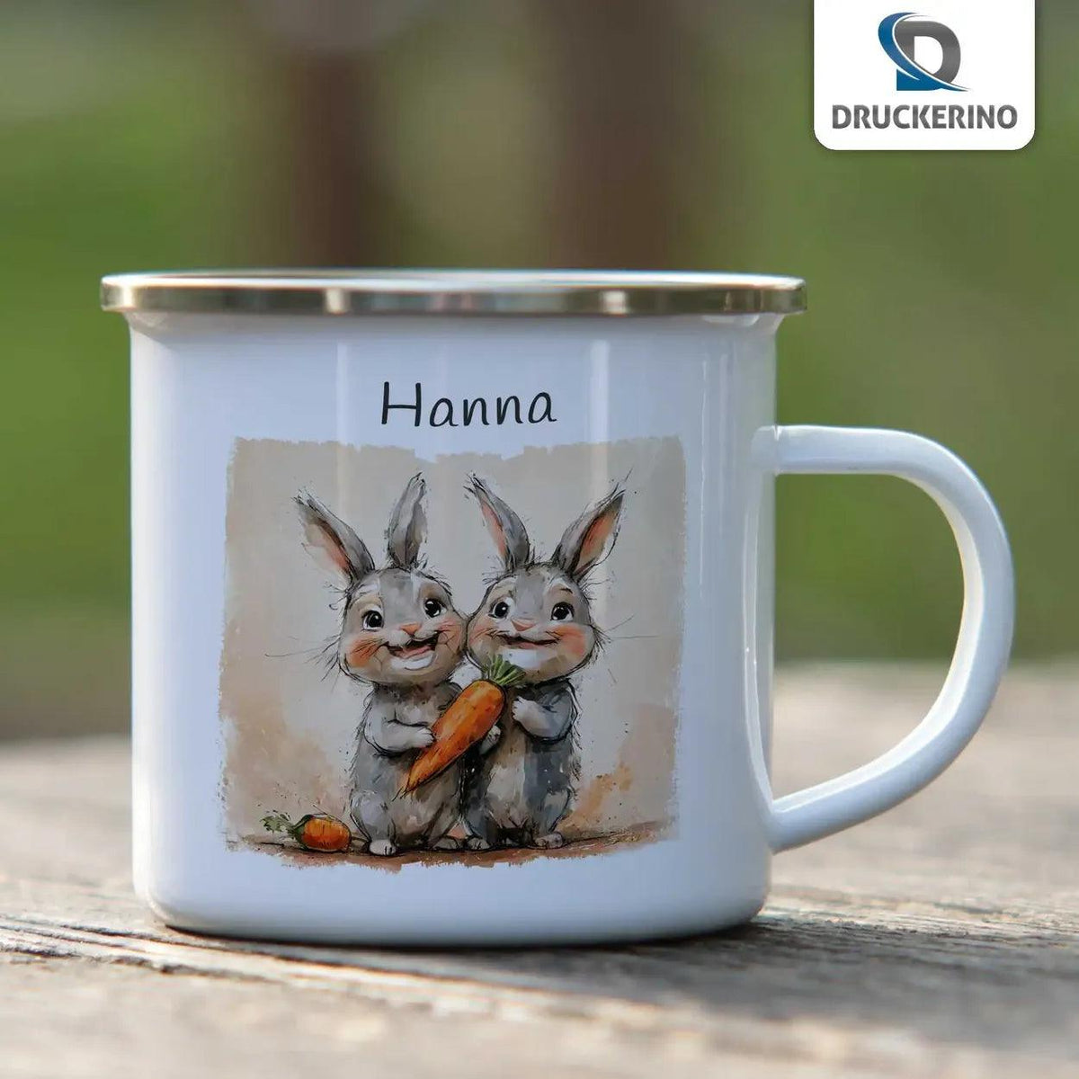 Emaille Tasse Zauberhafte Hasenfreunde - Druckerino